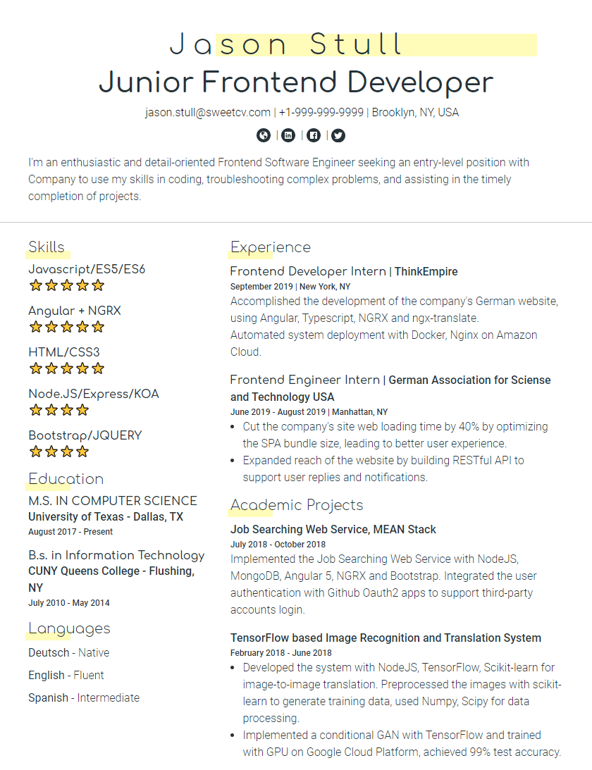 Angular Front End Developer Resume Sample