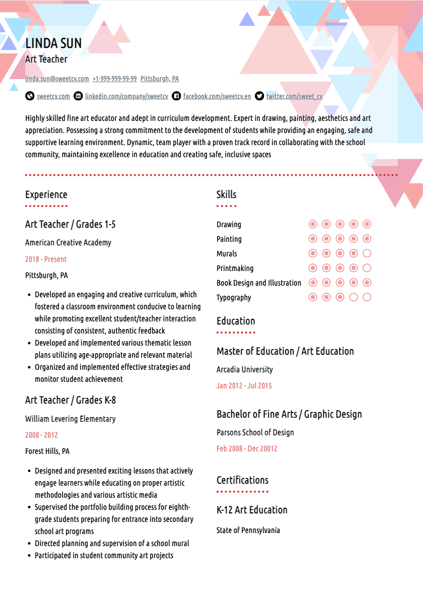 Art Teacher Resume Example & Art Educator CV Template