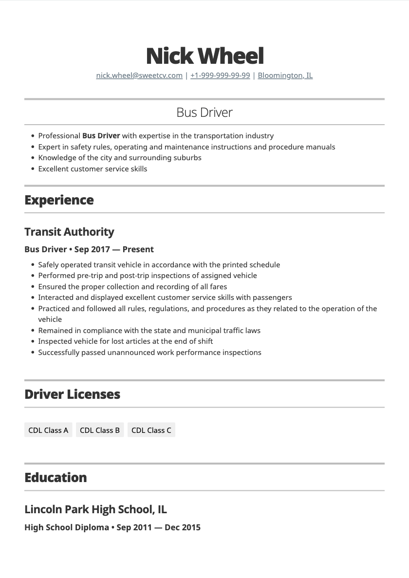 Bus Driver Resume Example & Template for Transportation Drivers