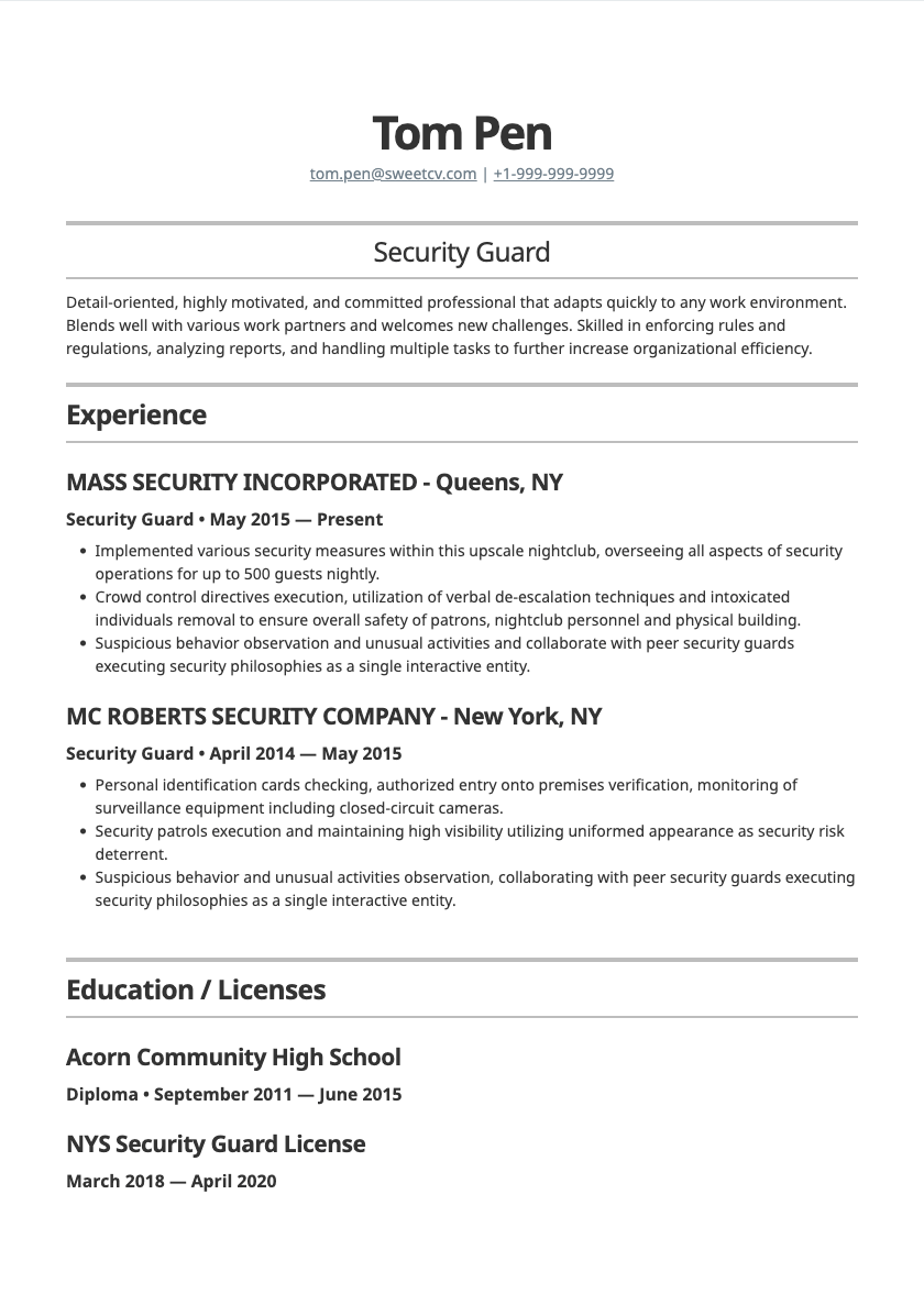 Security Guard & Safety Officer Professional Resume Sample