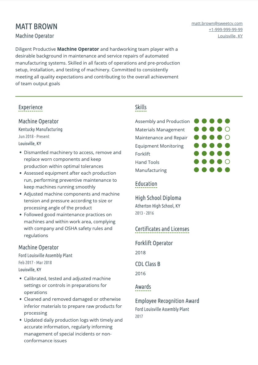 Machine Operator Resume Example & Assembler Template