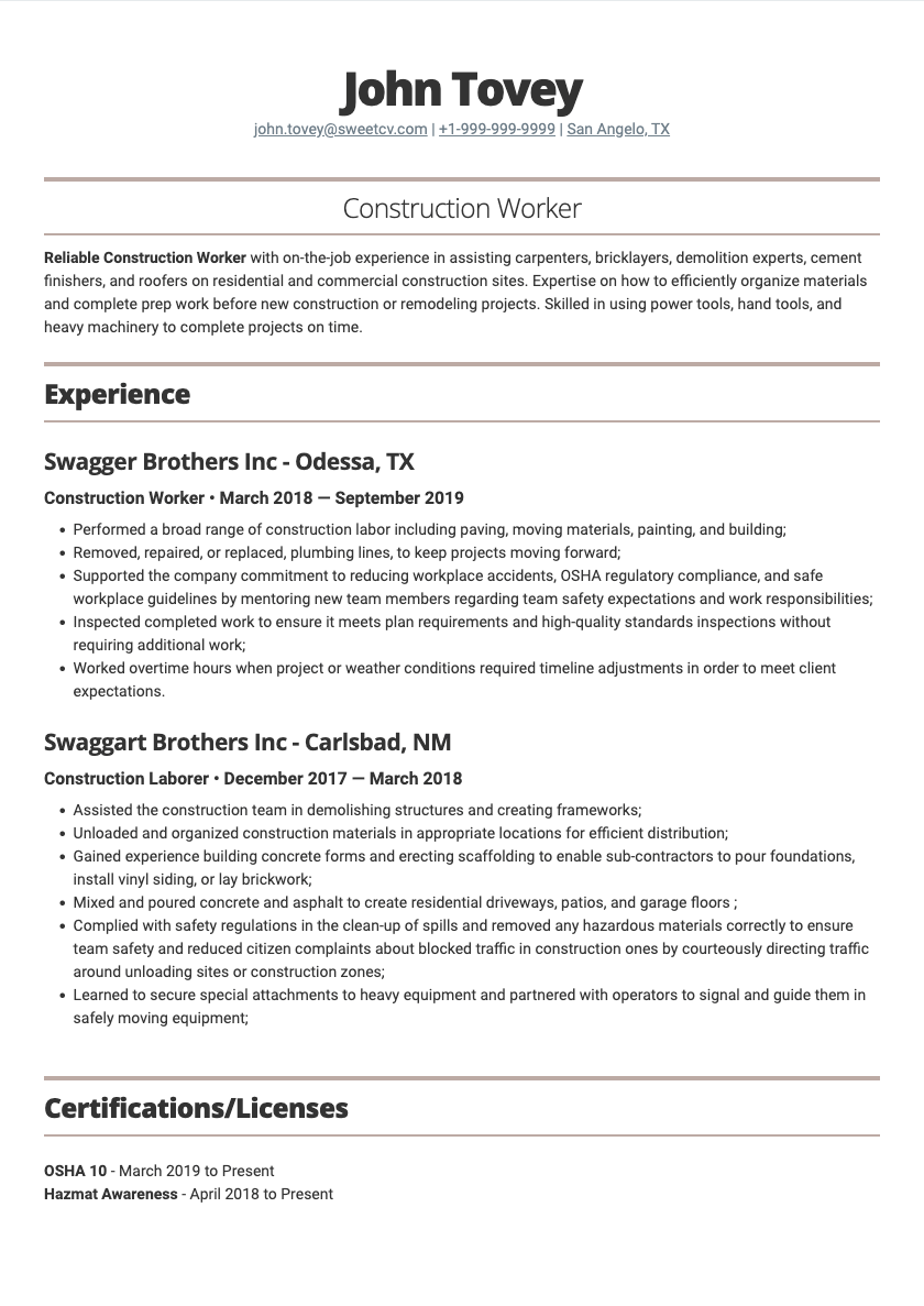 Resume Example for Construction Worker & Resume Template