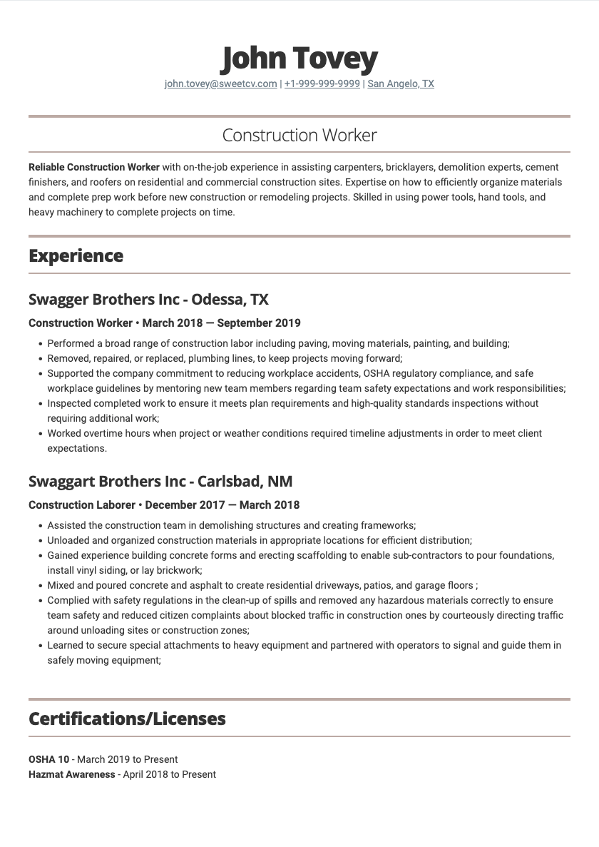 construction resume examples