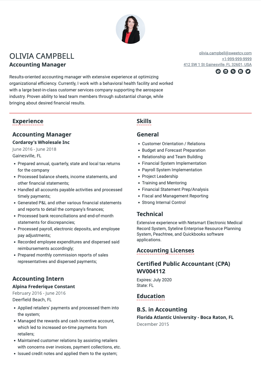 Manager Accountant Resume Sample