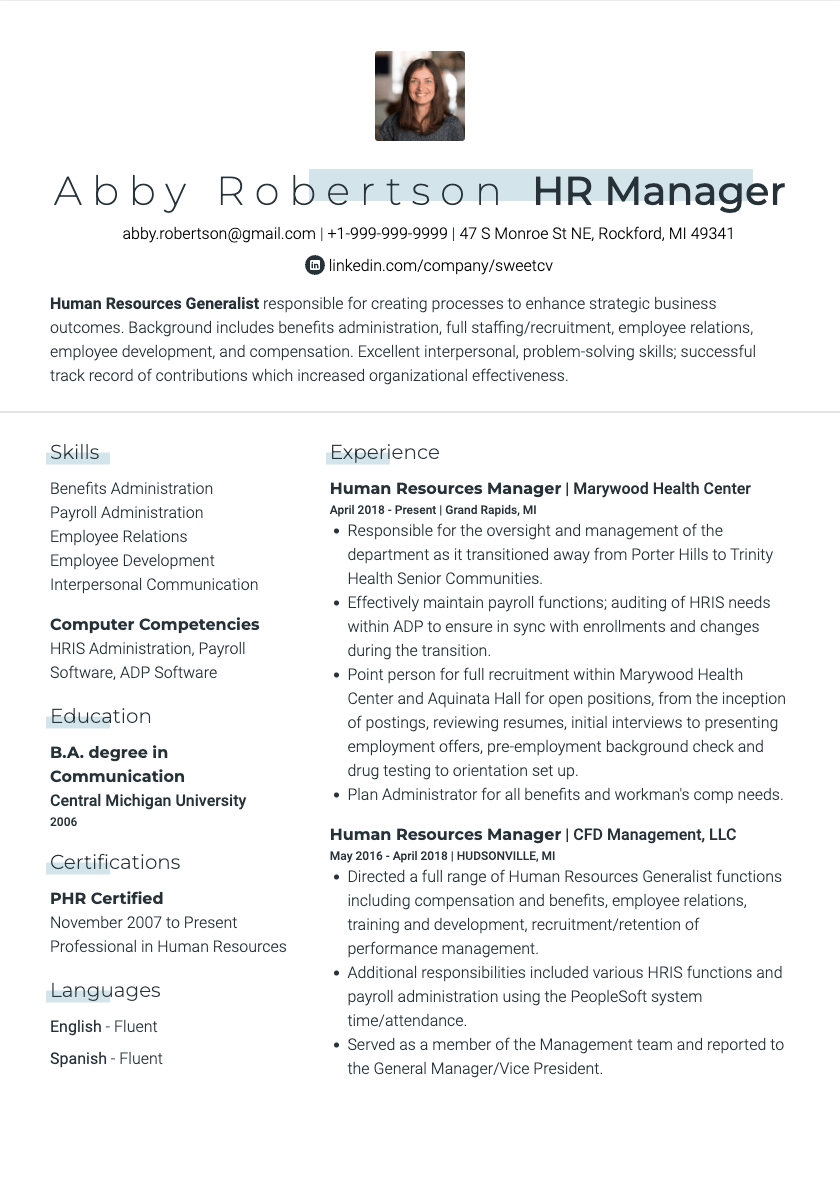 human resources manager resume profile