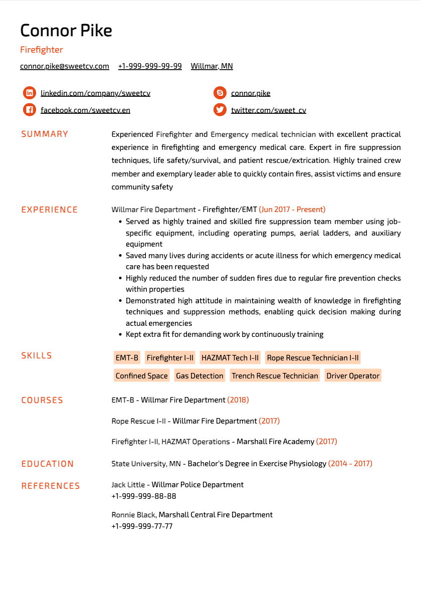 Firefighter and Emergency Medical Technician Resume Example