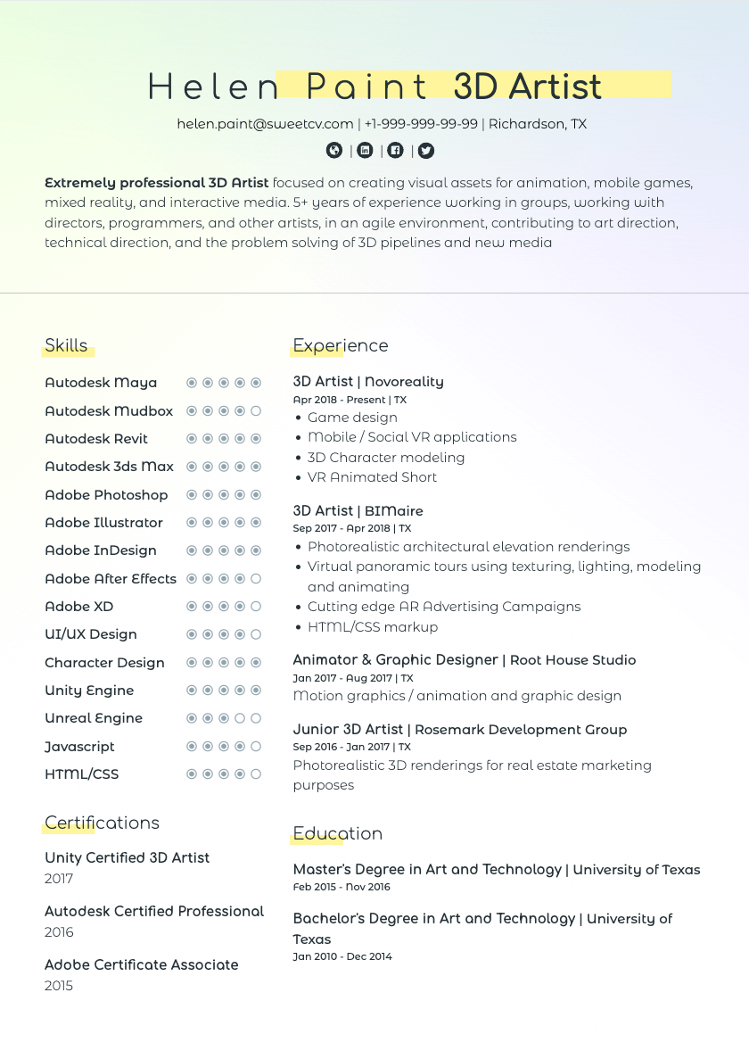 resume format for 3d model