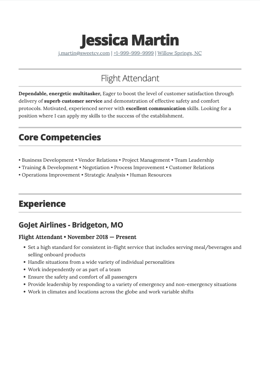 examples of a flight attendant resume
