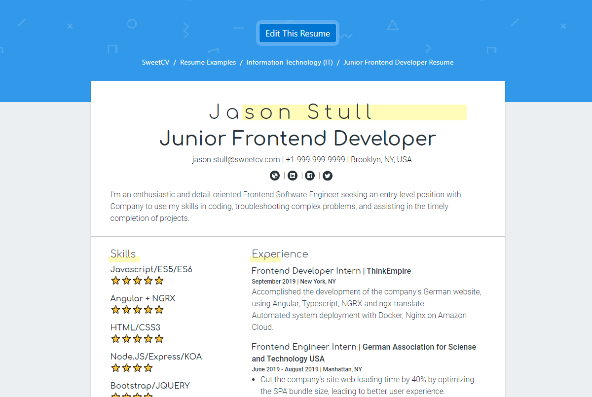 How to edit SweetCV resume examples