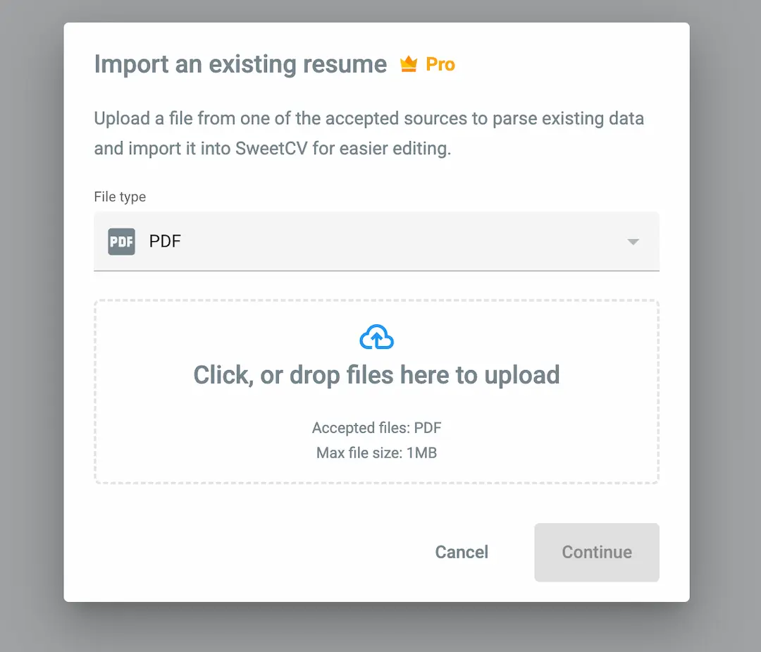 Import CV dialog at SweetCV