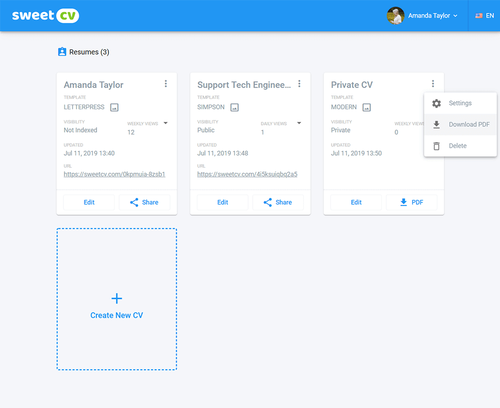 Verwalten Sie mehrere Lebensläufe im Online-SweetCV-Designer