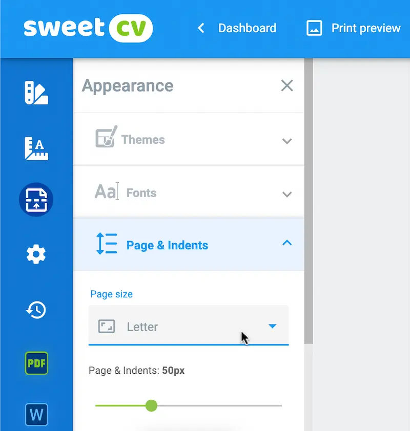 SweetCV's Paper Size Feature