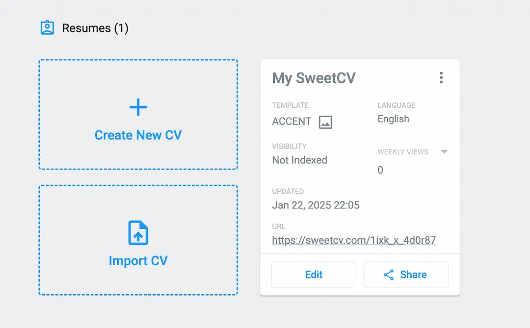 Cuando inicies sesión en SweetCV, verás una nueva opción: Importar CV