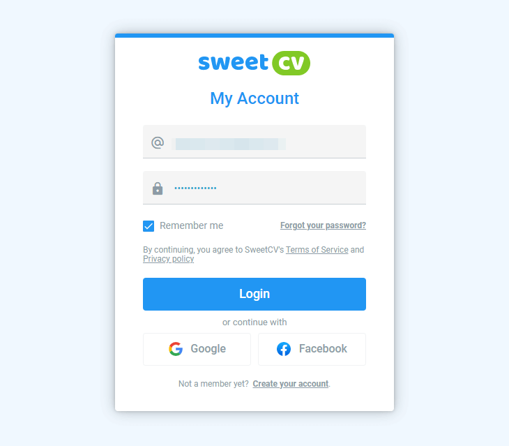 SweetCV: Inicio de sesión/registro con un clic a través de Google y Facebook