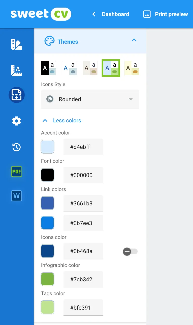 SweetCV : Couleurs de thème personnalisables et styles d'icônes