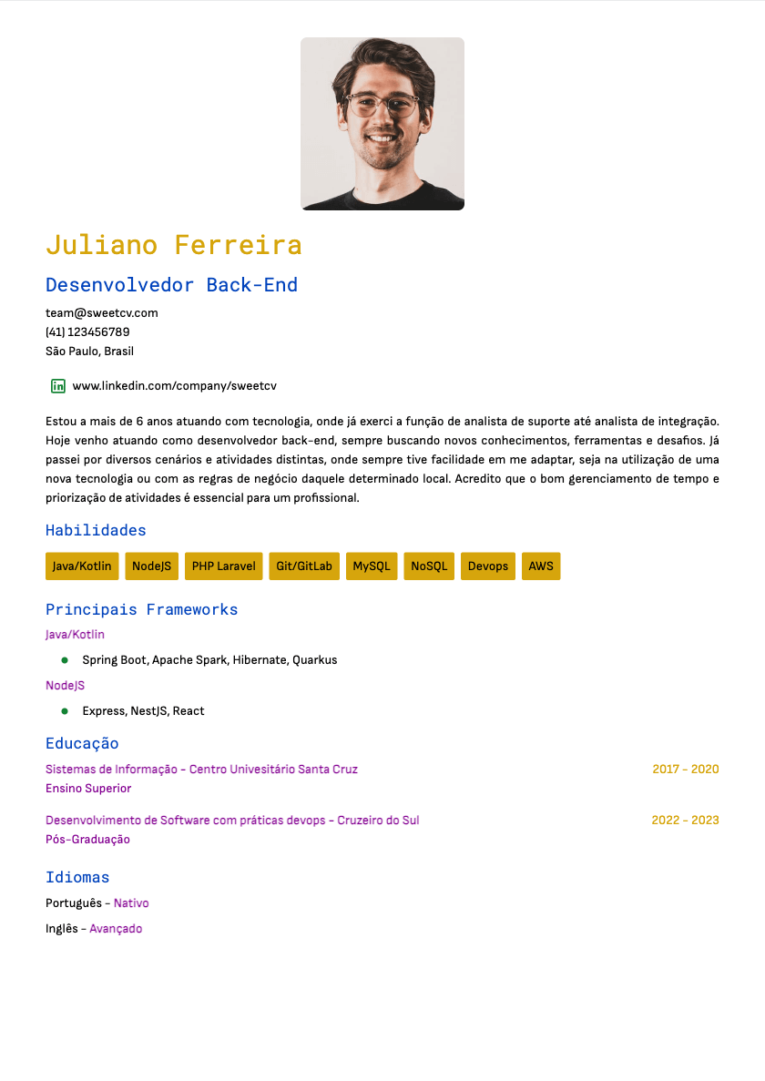 🚀 Exemplo de Currículo para Desenvolvedor Java Sênior